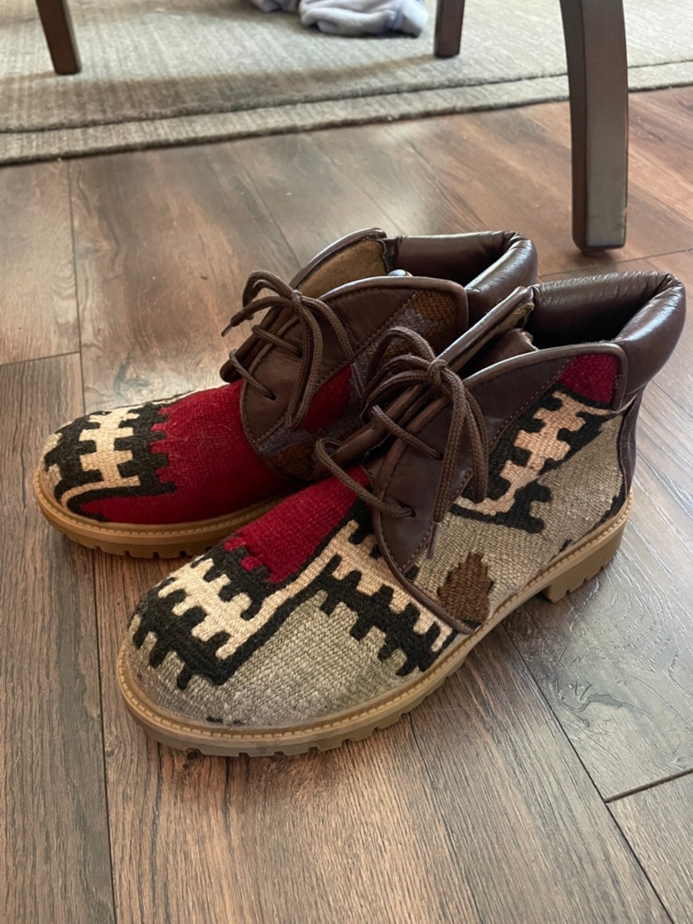 Women’s Brown Leather & Red Tan Turkish Kilim Wool Lace-Up Boots Handmade 39